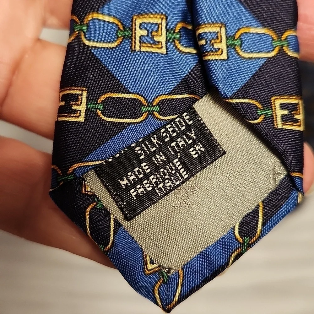 Fendi tan chain and blue/navy Dimond shape silk neck tie